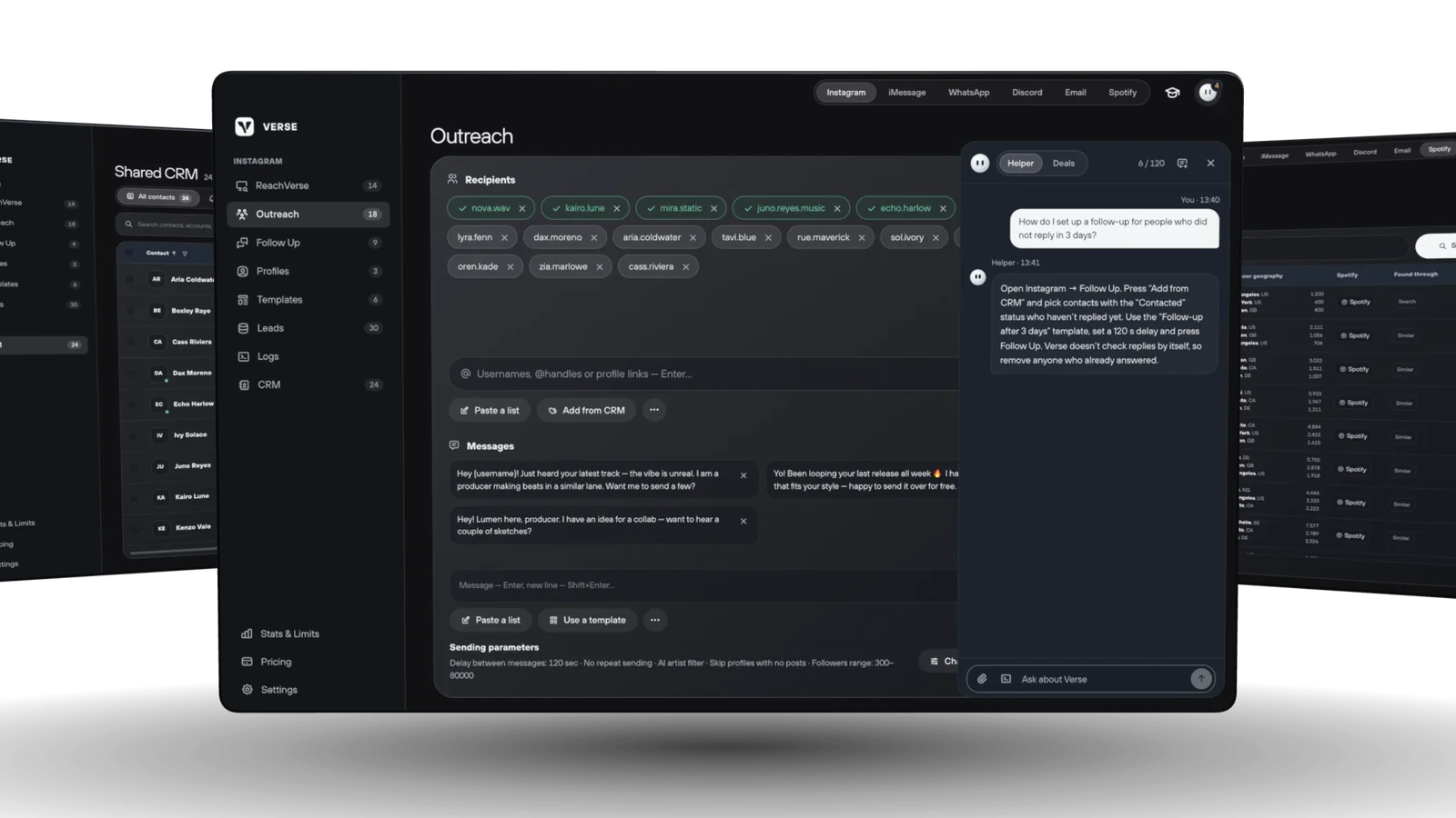 Verse: the screen for sending messages with the assistant open, next to the contact list and artist search on Spotify